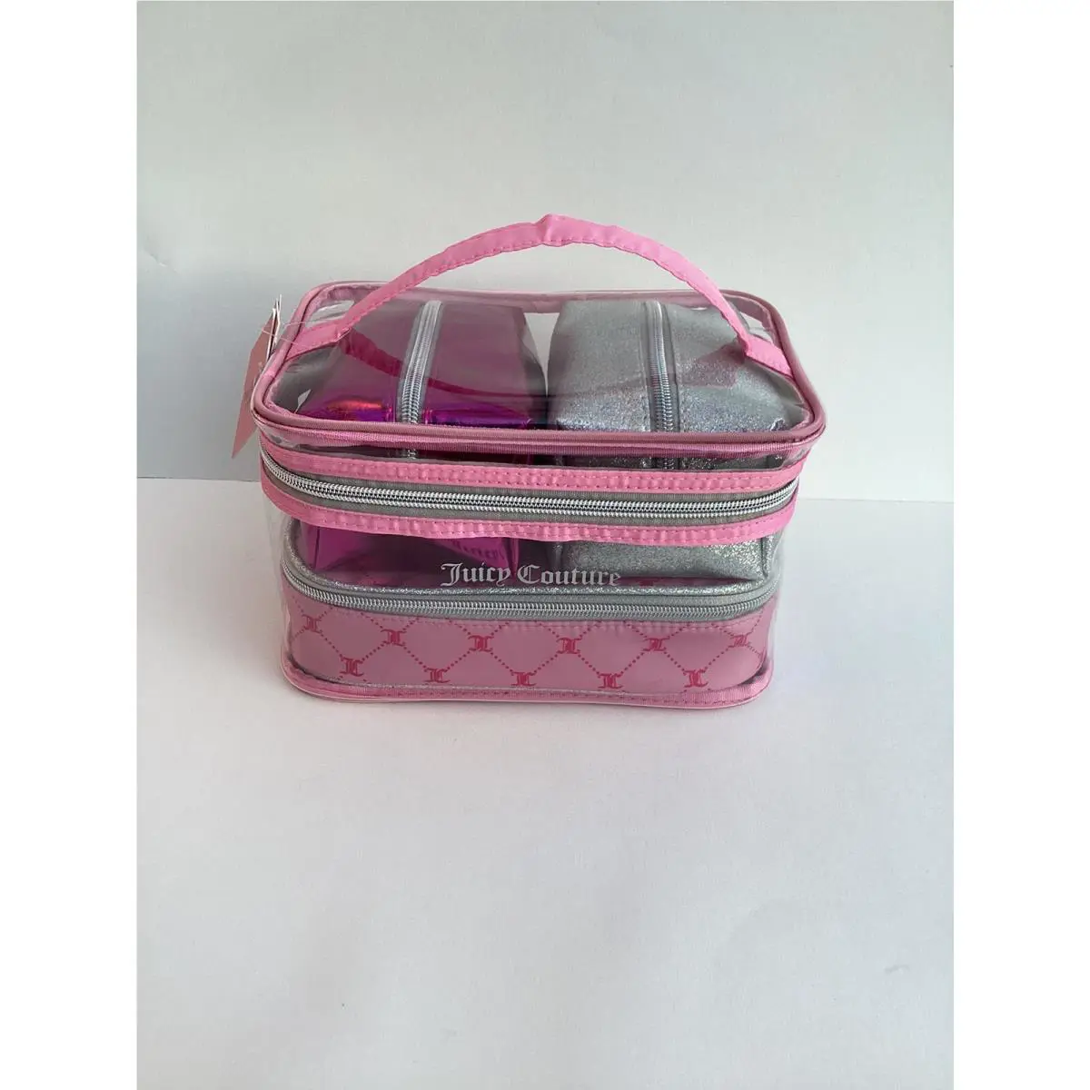 Juicy Couture Pink Trim Clear Makeup Bag. with 3 Pouches