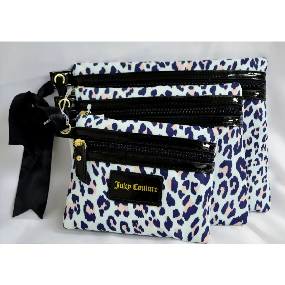 Juicy Couture Make Up Bag Trio Cosmetic Bag Light Blue Animal Print Leopard Pink