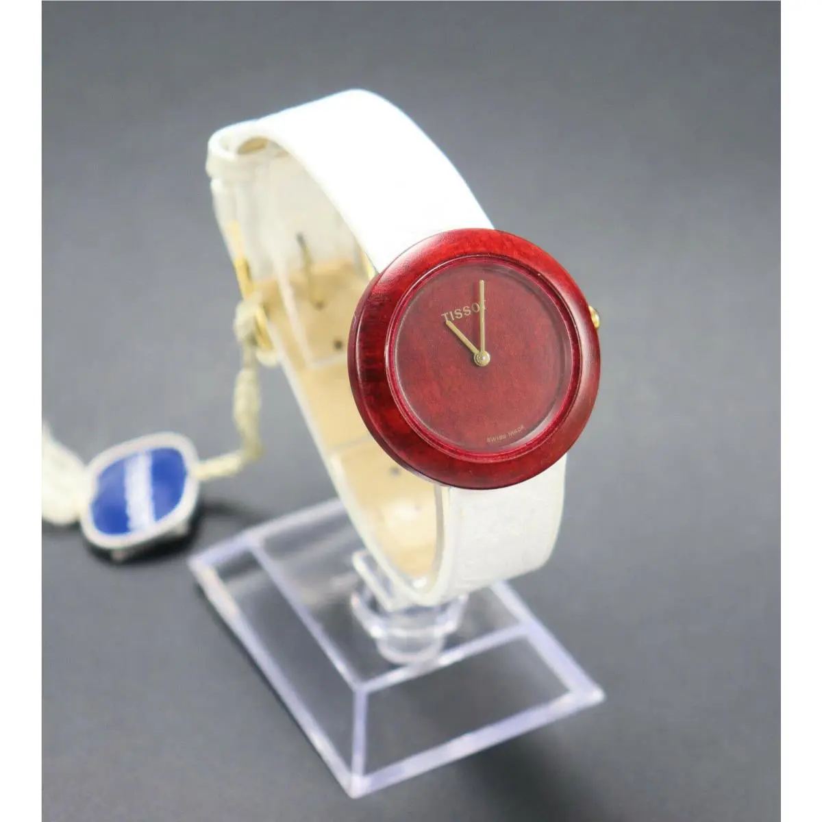 Vintage Wood Watch White Leather Band 1990`s by Tissot