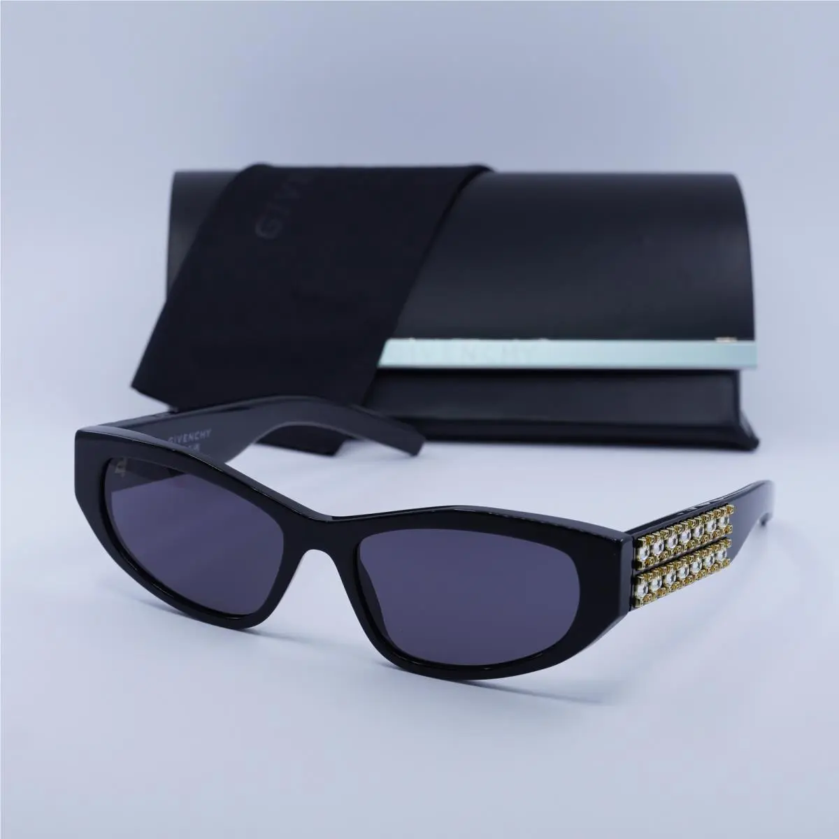 GV40078I 01A Shiny Black/gold with Studs/grey 56-17-145 Sunglasses by Givenchy