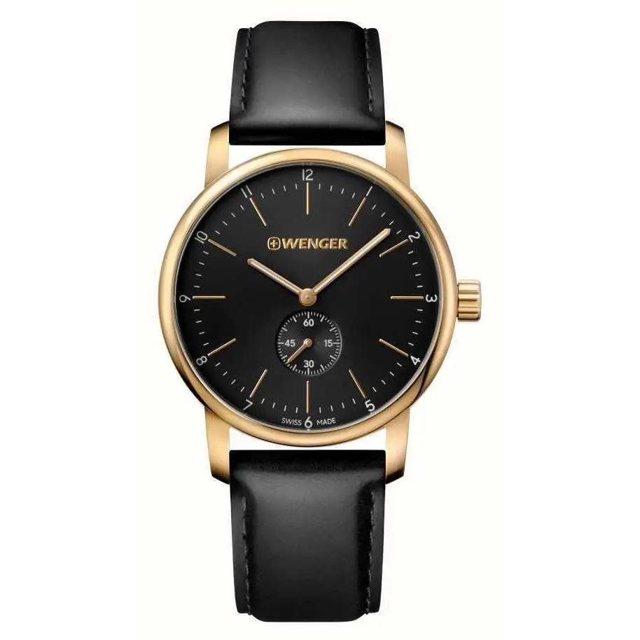 Wenger 01.1741.101 Mens Black Dial Yellow Steel Leather Band Watch