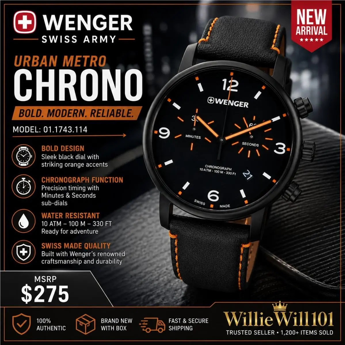 Wenger Swiss Army Mens 01.1743.114 Urban Metro Chrono Black Dial Watch 44mm