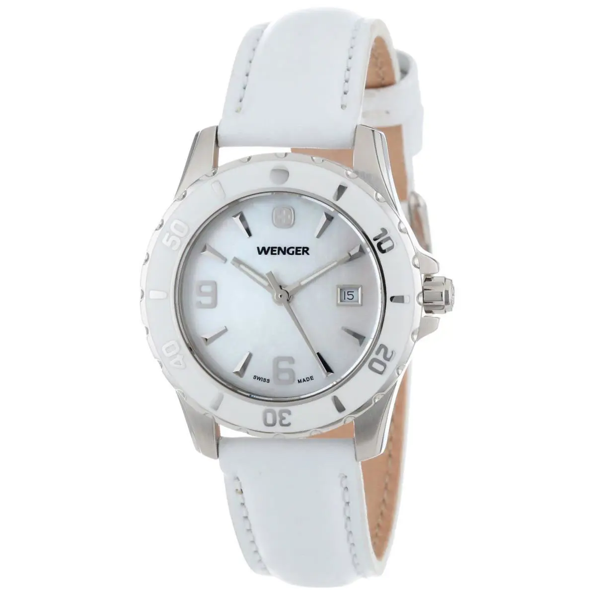 70382 White Leather Band Mother-of-pearl Dial Date Women`s Watch by Wenger