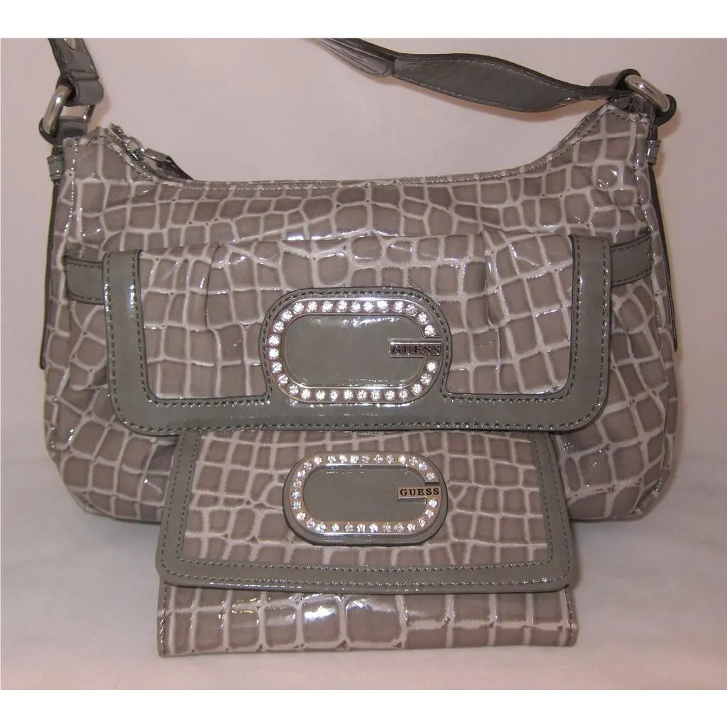 Jenn Croco Print Banana Bag Purse Small Shoulder Satchel Sac Wallet Set Gray by Guess