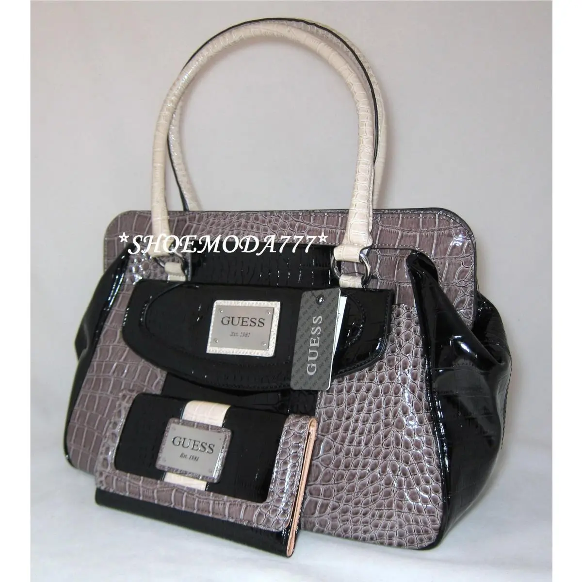 Guess Calvina Logo Croco Patent Bag Purse Satchel Handbag Wallet Black Taupe