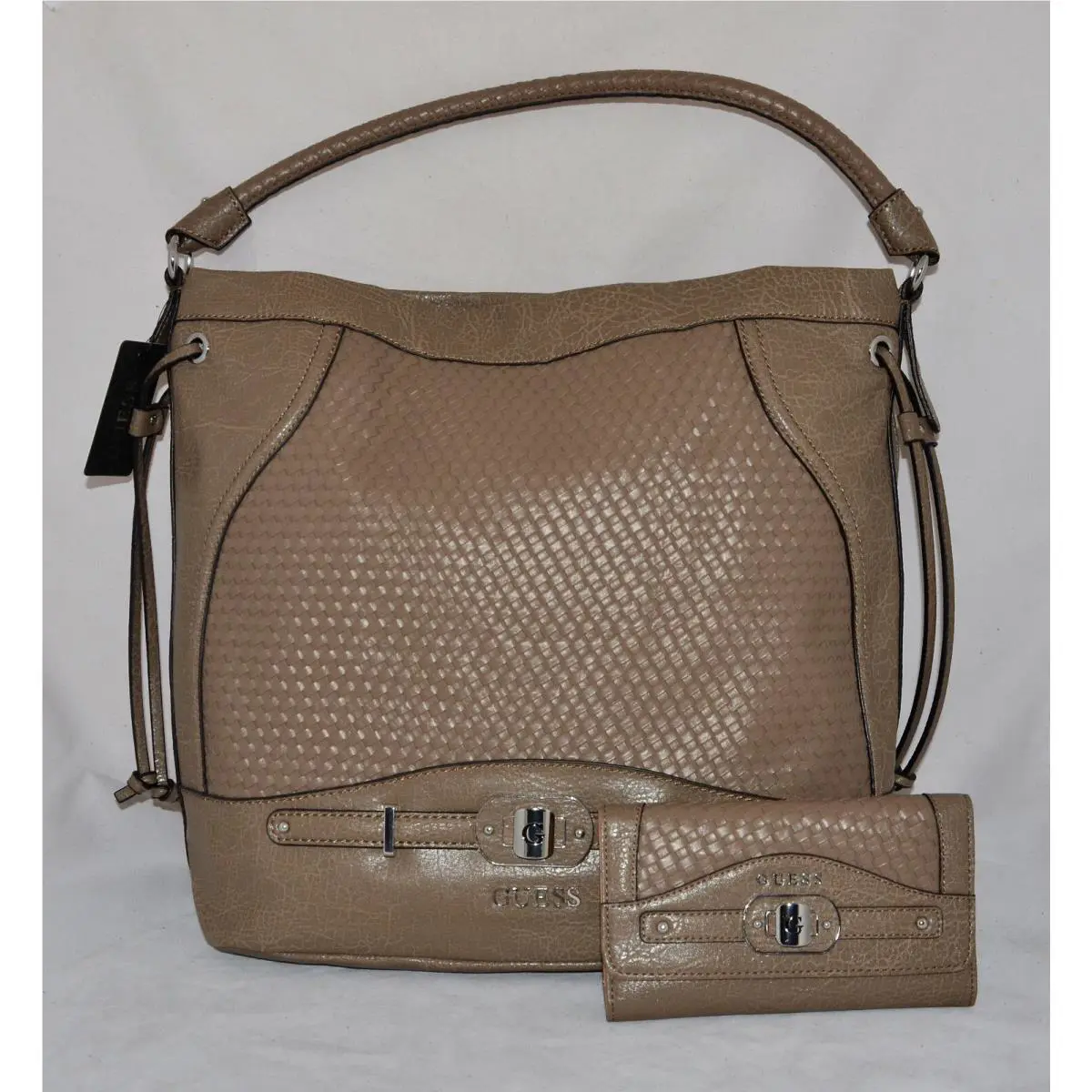 Guess Marciano Maelene Woven Hobo Bag Purse Handbag Sac Wallet Set Pewter Khaki