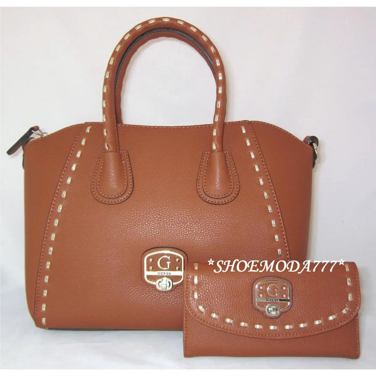 Garland Satchel Shoulder Bag Purse Tote Wallet Checkbook Set Cognac Black Brown by Guess