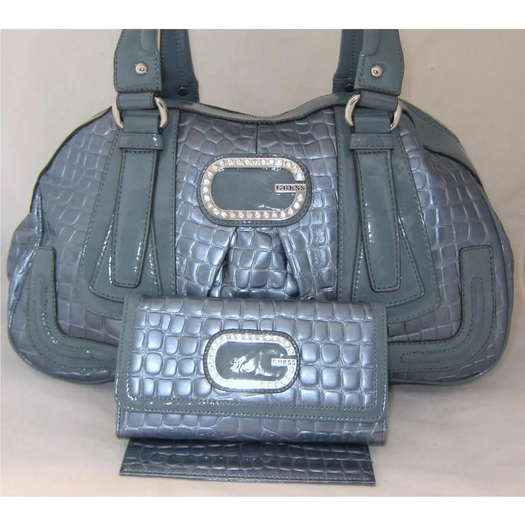 Jenn Synthetic Leather Bag Purse Satchel Sac Wallet Set Croco Patent Blue by Guess
