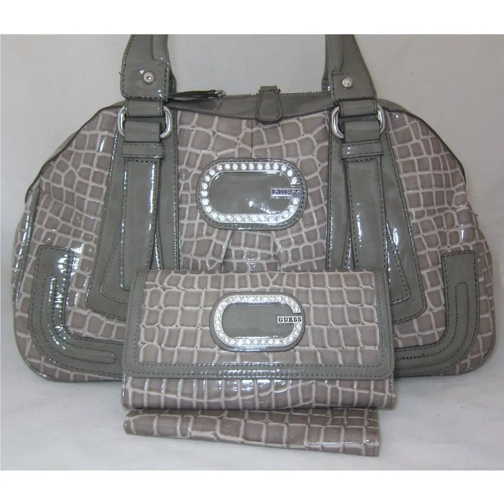 Jenn Synthetic Leather Bag Purse Satchel Sac Wallet Set Croco Patent Gray by Guess