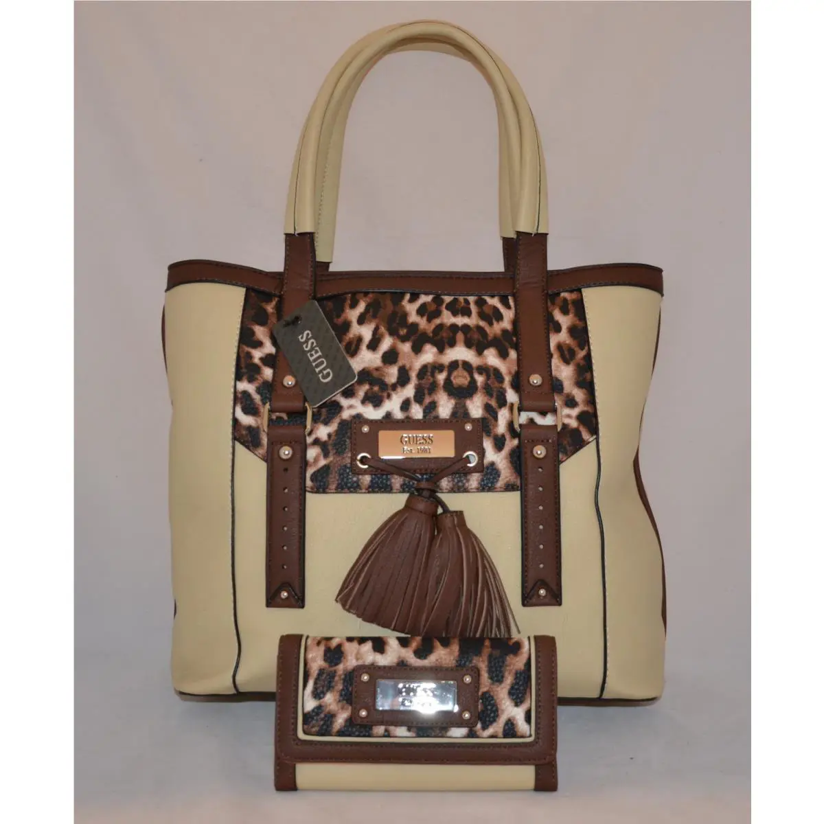 Guess Virginia Beach Tote Shopper Bag Purse Wallet Set Cream Leopard Tassel