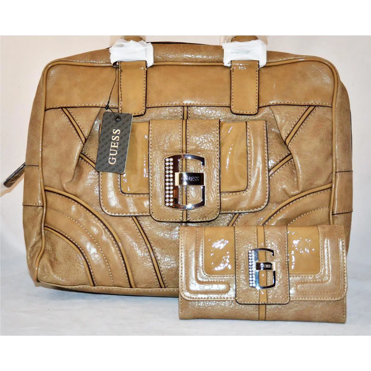 Guess Castle Rock Shopper Tote Bag Purse Wallet Checkbook Set Black Camel