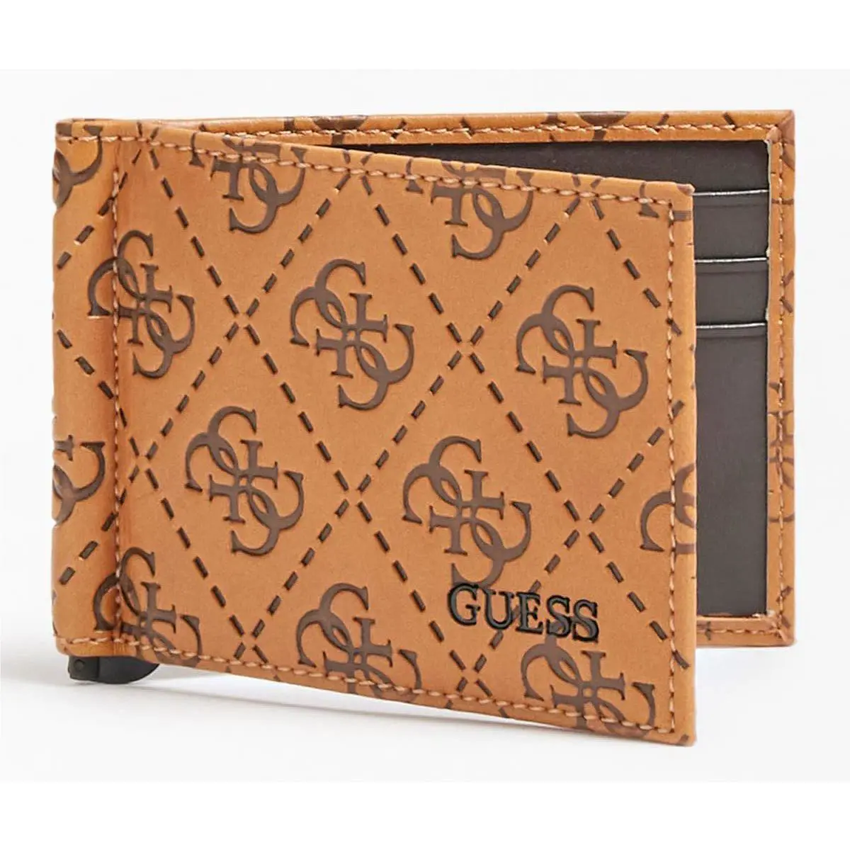 Guess Cognac Card Case Embossed Wallet 4G Logo Leather