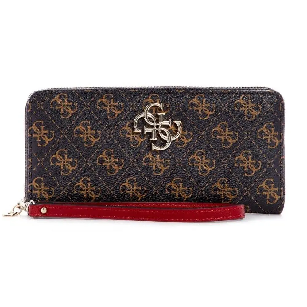 Guess Women`s Brown Logo Print Red Trim Zip Around Wristlet Wallet Clutch
