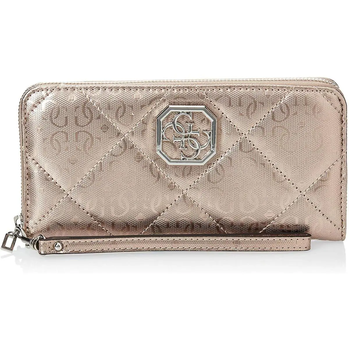 Guess Women`s Dilla Gold Logo Patent Quilted Zip Around Wristlet Wallet