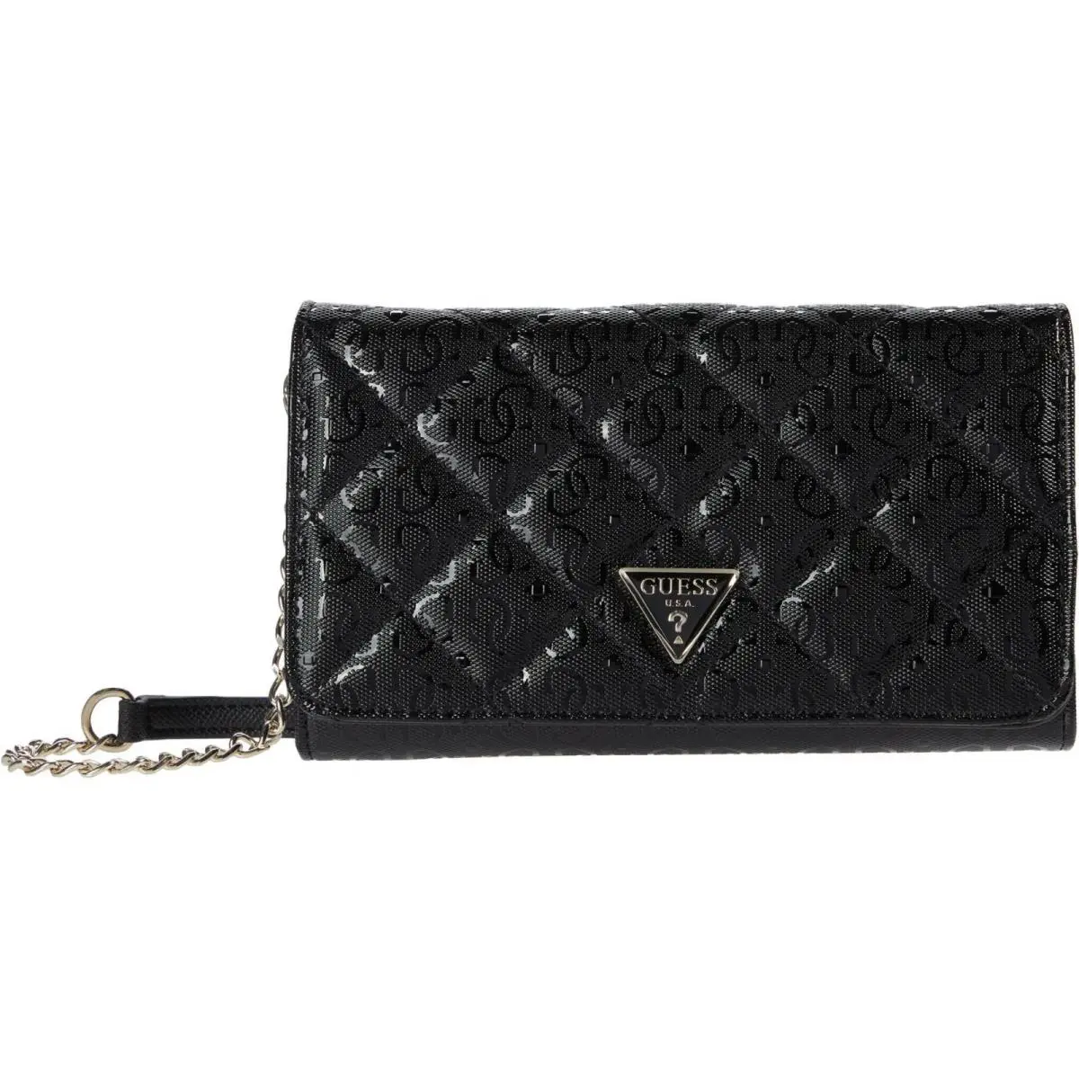 Guess Women`s Black Glossy Patent Quilted Chain Wallet Crossbody Purse