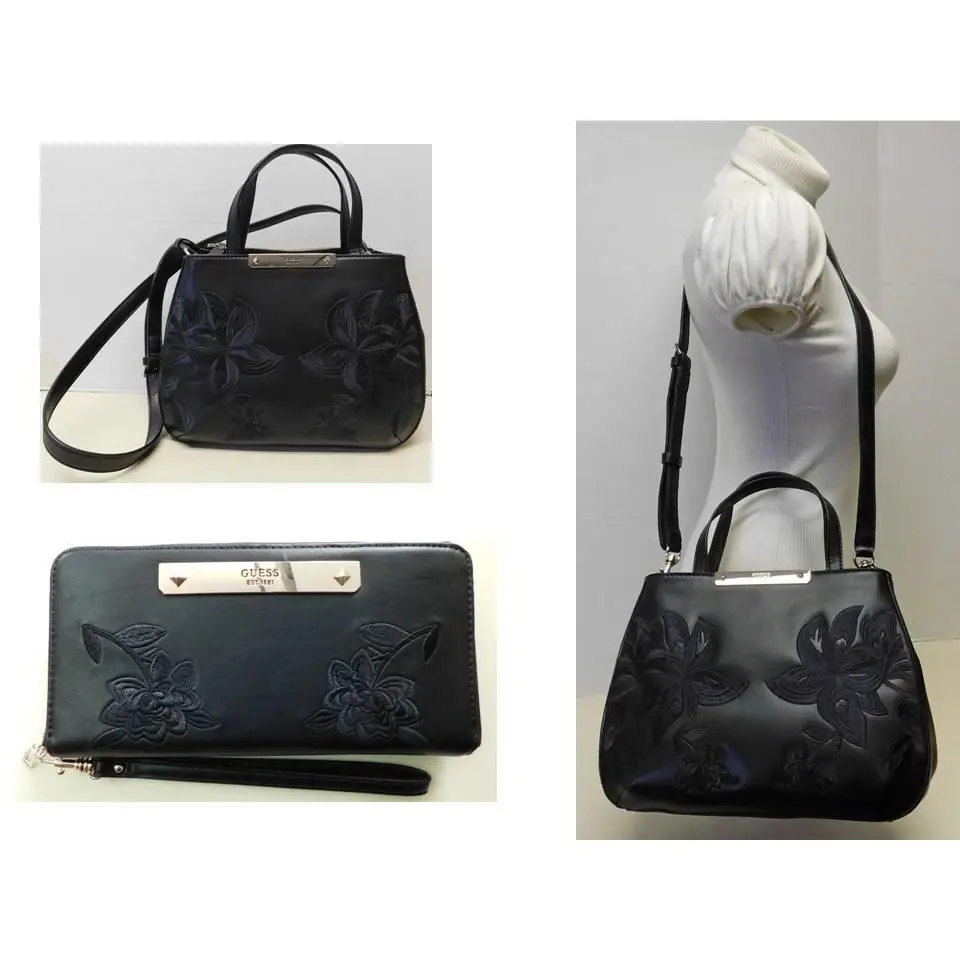 Guess Signature Black Embroidered Crossbody Shoulder Bag Handbag W/wallet