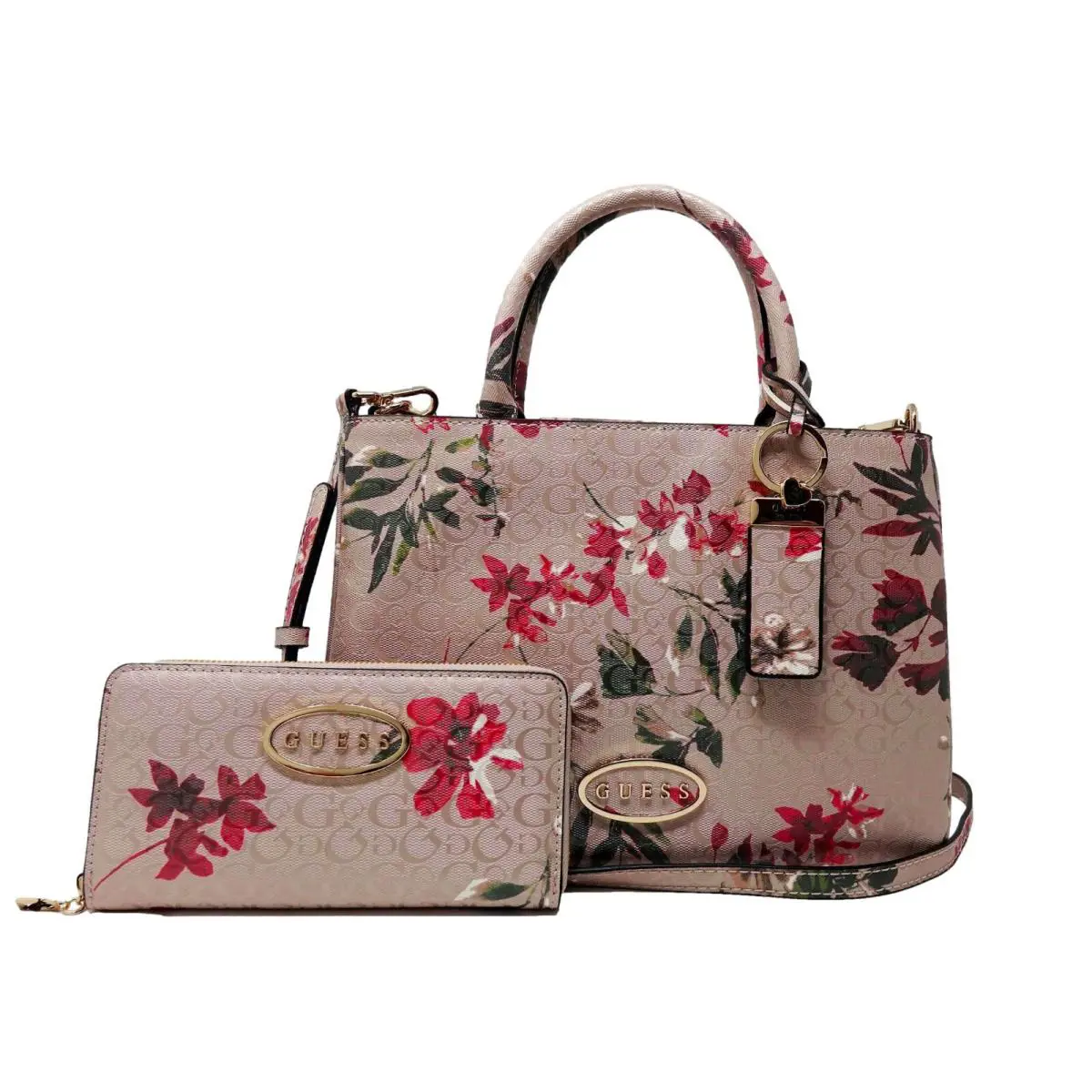Guess Womens Logo Debossed Floral Satchel Crossbody Bag Handbag Wallet Set