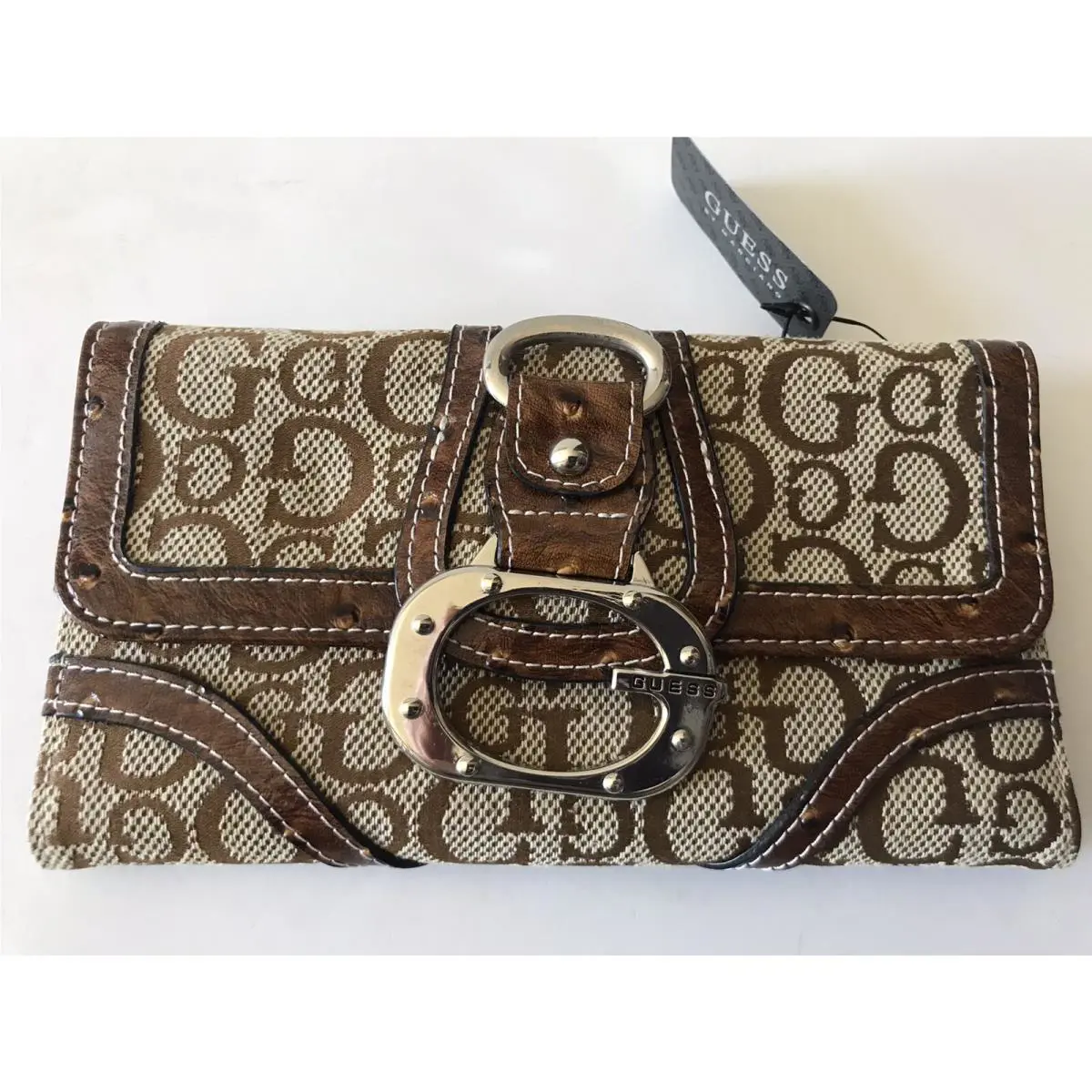 Women`s Guess Brown/faux Croc Gloss Slg Snap Trifold Clutch Wallet/checkbook