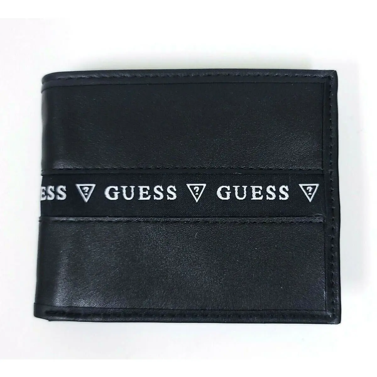 Guess Black Leatherette White Canvas Logo Men`s Rfid Bifold Wallet