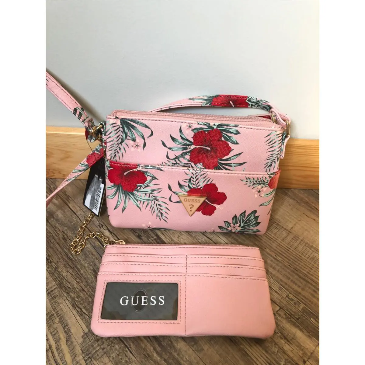 Guess Pink Floral Crossbody W/matching Wallet