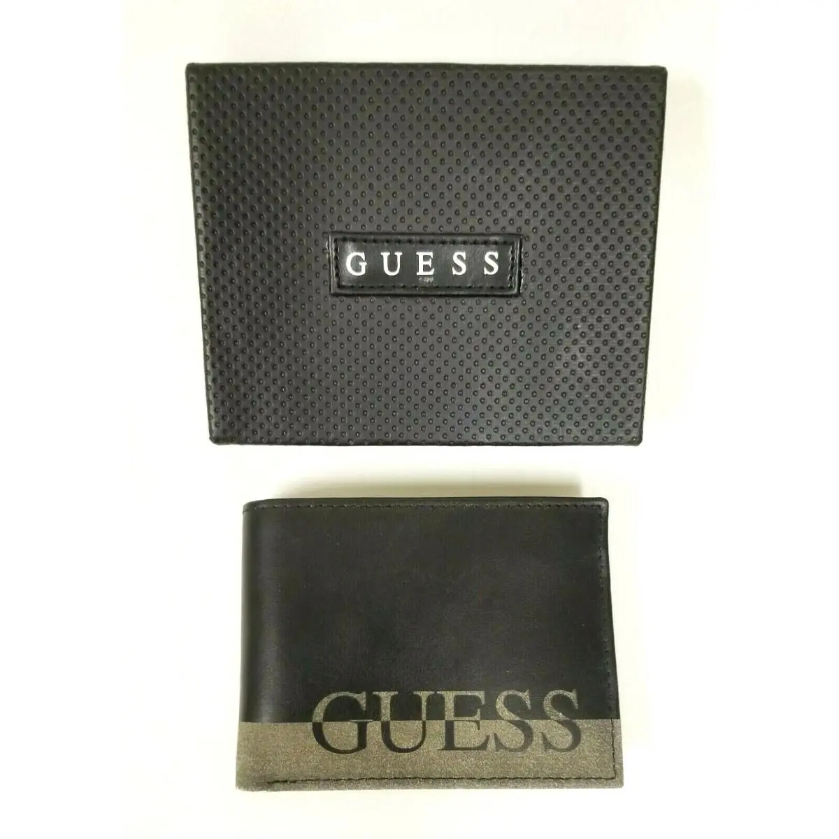 Guess Black+gray Striped Hard Leather Logo Men`s Bifold Wallet+original Box