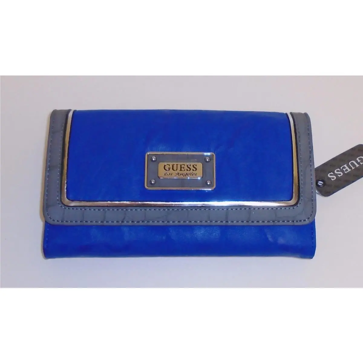 New-guess Alvina Slg Blue Multi Leatherette Tri Fold Clutch Check Book Wallet