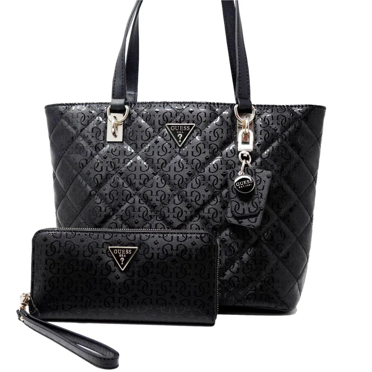 Guess Womnes Logo Debossed Medium Tote Bag Handbag Wallet Set - Black