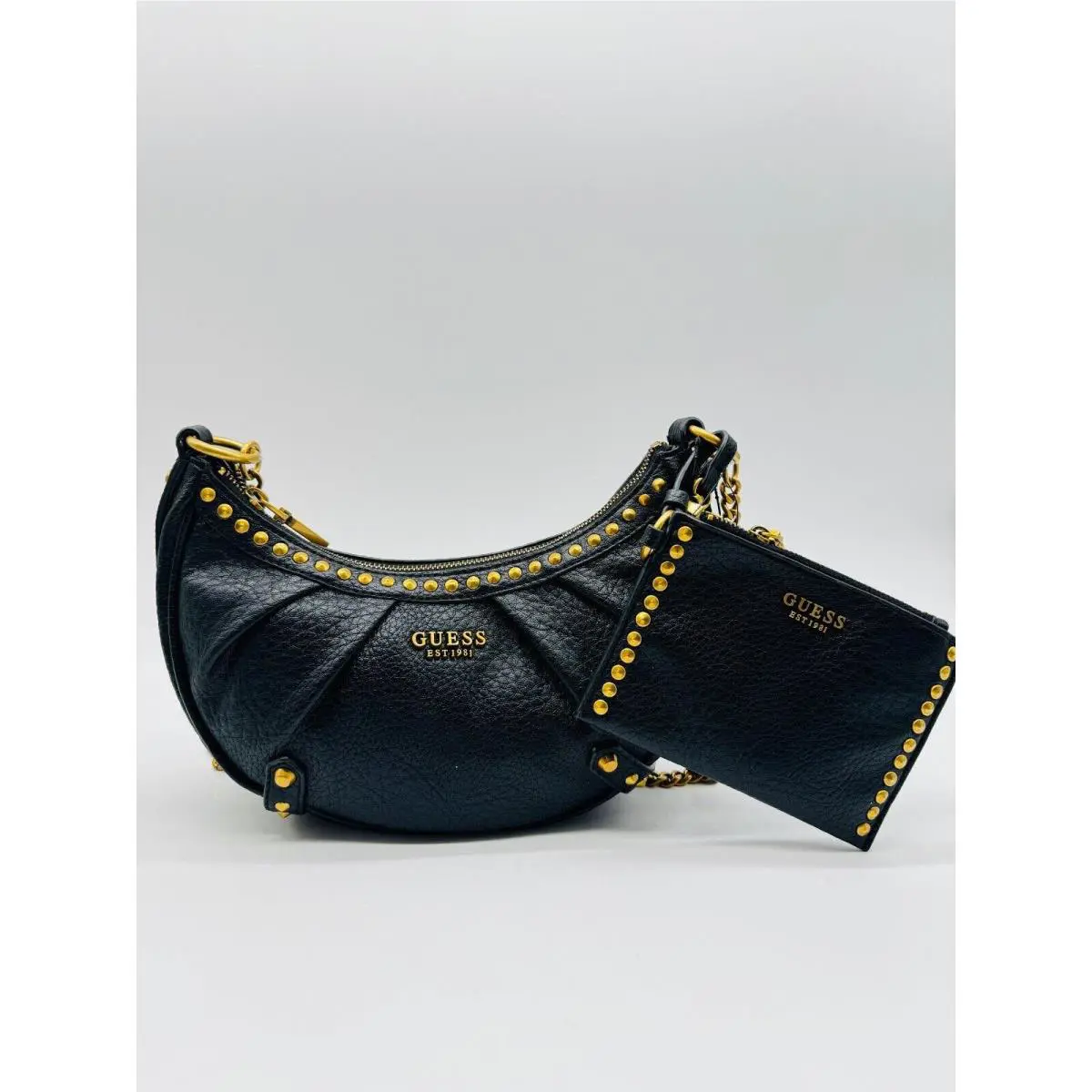 Guess Clelia Studded Faux-leather Wedge Crossbody Bag + Cardcase Black 2 Piece