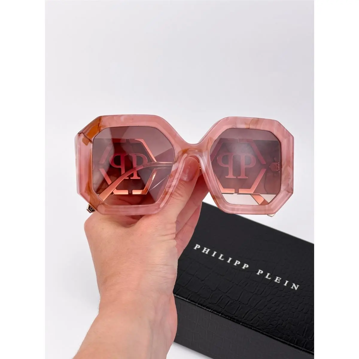 Philipp Plein Women Sunglasses Pink Gold Brown Grad Square SPP067 06Z8