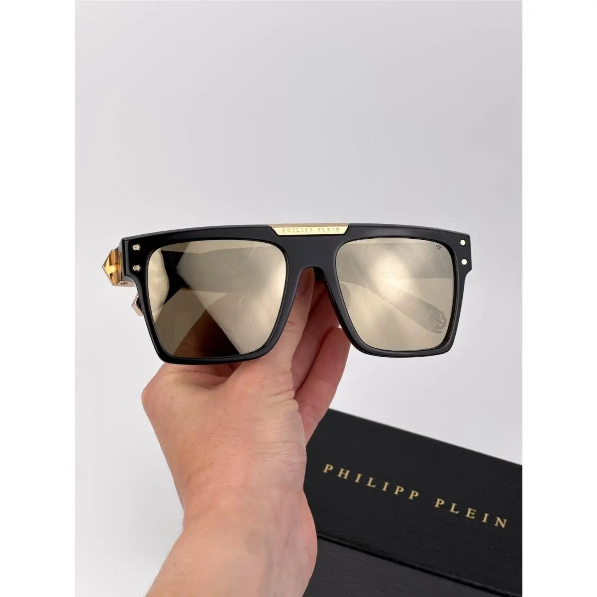 Women Sunglasses Black Gold Mirror Square SPP080 700G by Philipp Plein