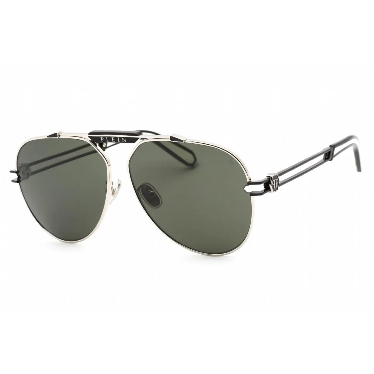 Philipp Plein SPP048M 0583 Sunglasses Shiny Palladium Frame Green Lenses 62mm