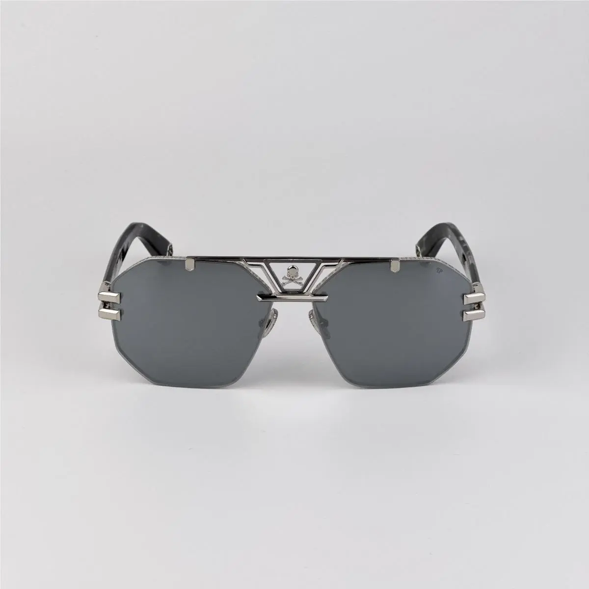 Philipp Plein Men Sunglasses Palladium Grey Silver Mirror Pilot SPP077V 523X
