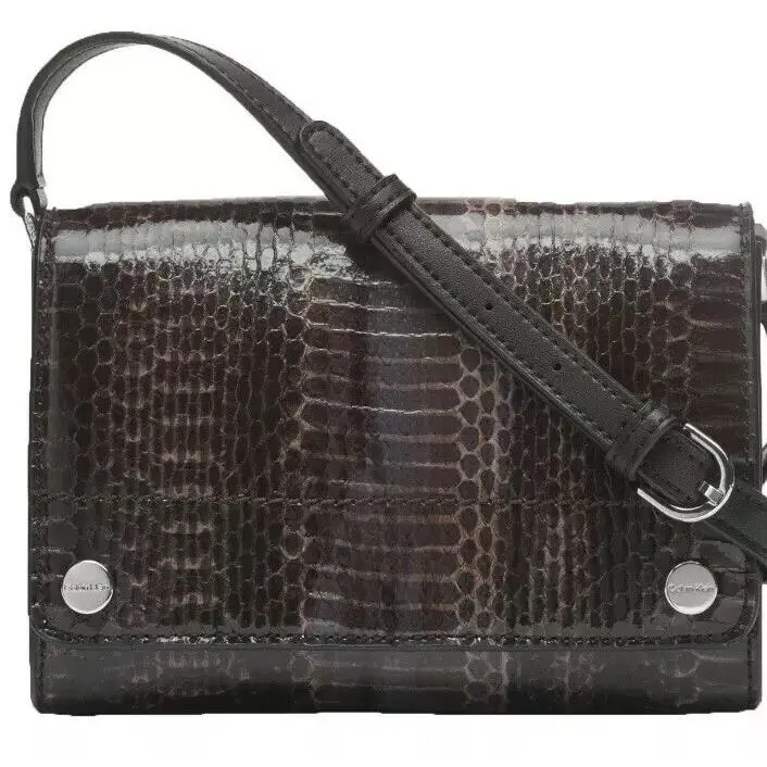 Calvin Klein Flap Patent Python Studded Flap Over Crossbody Dark Taupe S