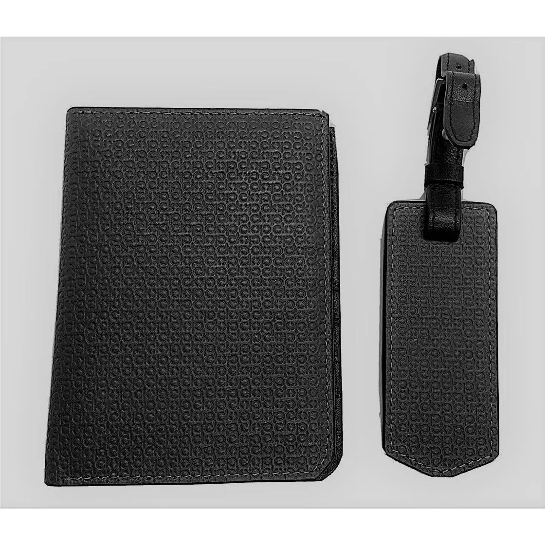 Calvin Klein Leather Allover CK Logo Wallet+luggage Tag Gift Box Black