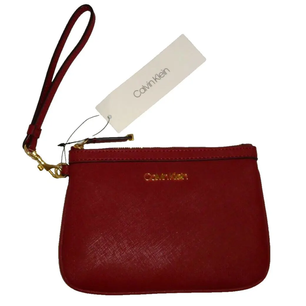 Calvin Klein Women`s Wristlet Clutch Wallet Red Saffiano Leather Gold H9GL1KX1