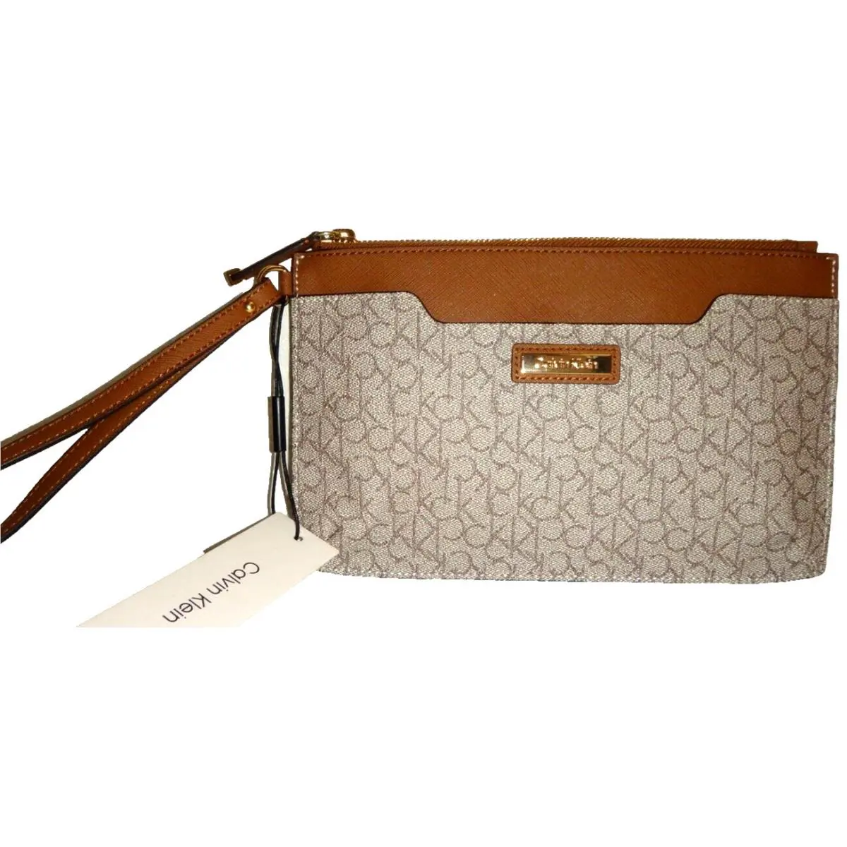 Calvin Klein Almond Signature Large Wristlet Clutch Wallet Cosmetic Bag H5DGJ2QA