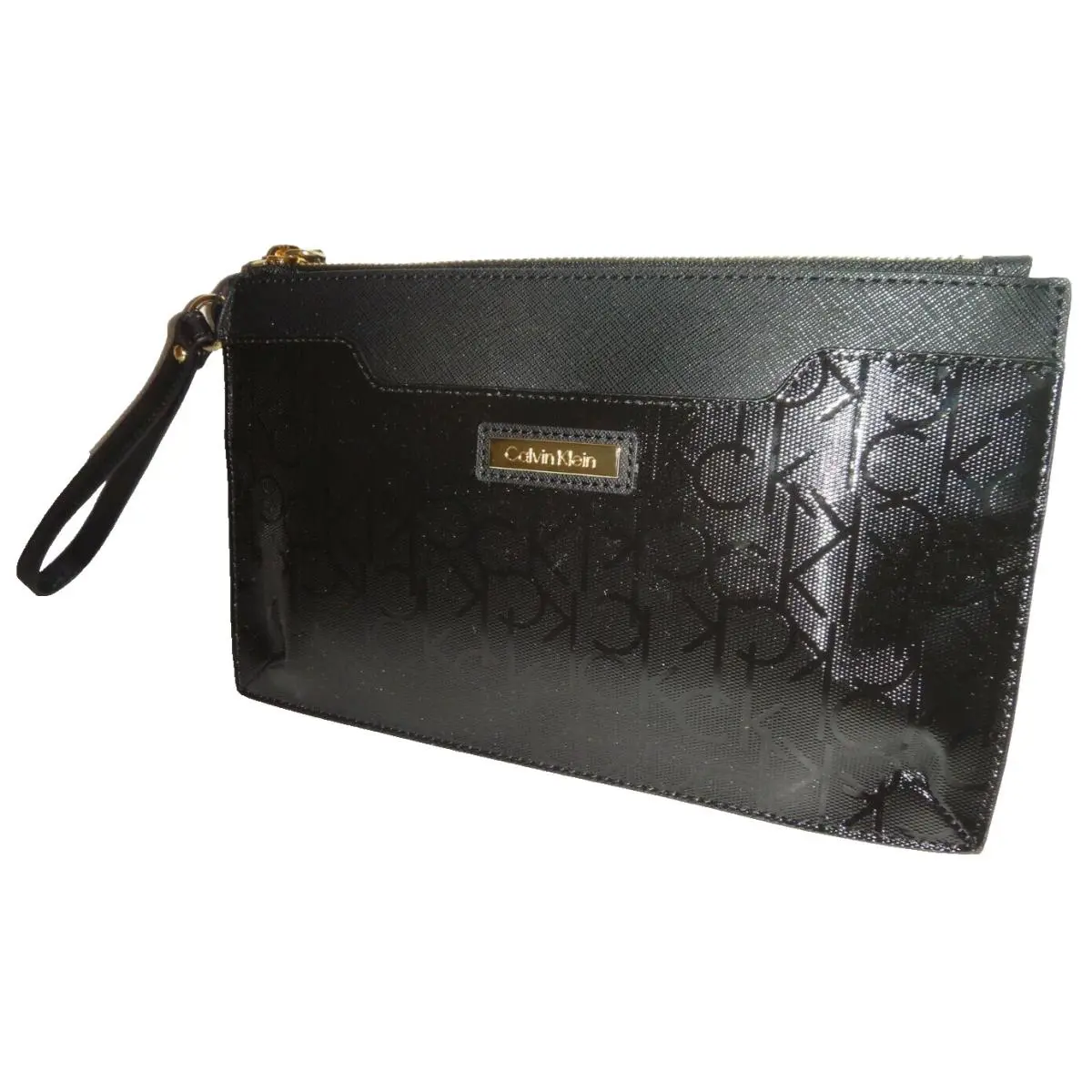 Calvin Klein CK Signature Large Wristlet Clutch Wallet Cosmetic Bag Black Patent