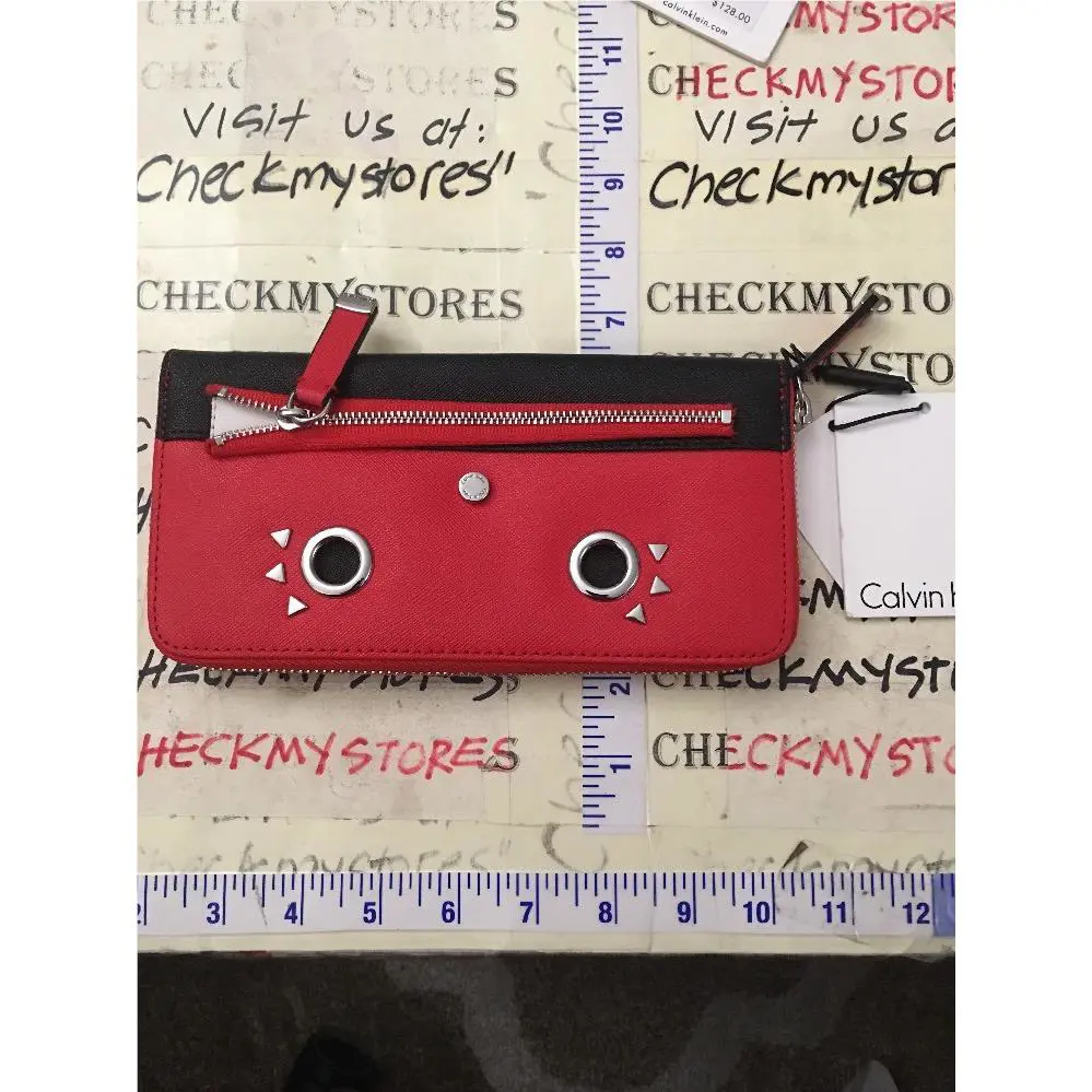 Calvin Klein Vivid Red Saffiano Leather Funny Face Zip Around Wallet