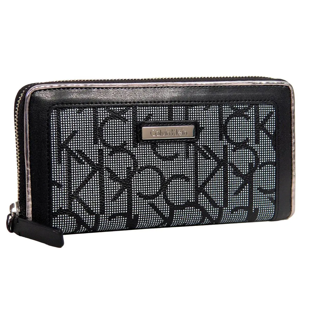 Calvin Klein Women`s Monogram Logo Black White Zip Around Wallet + Gift Box