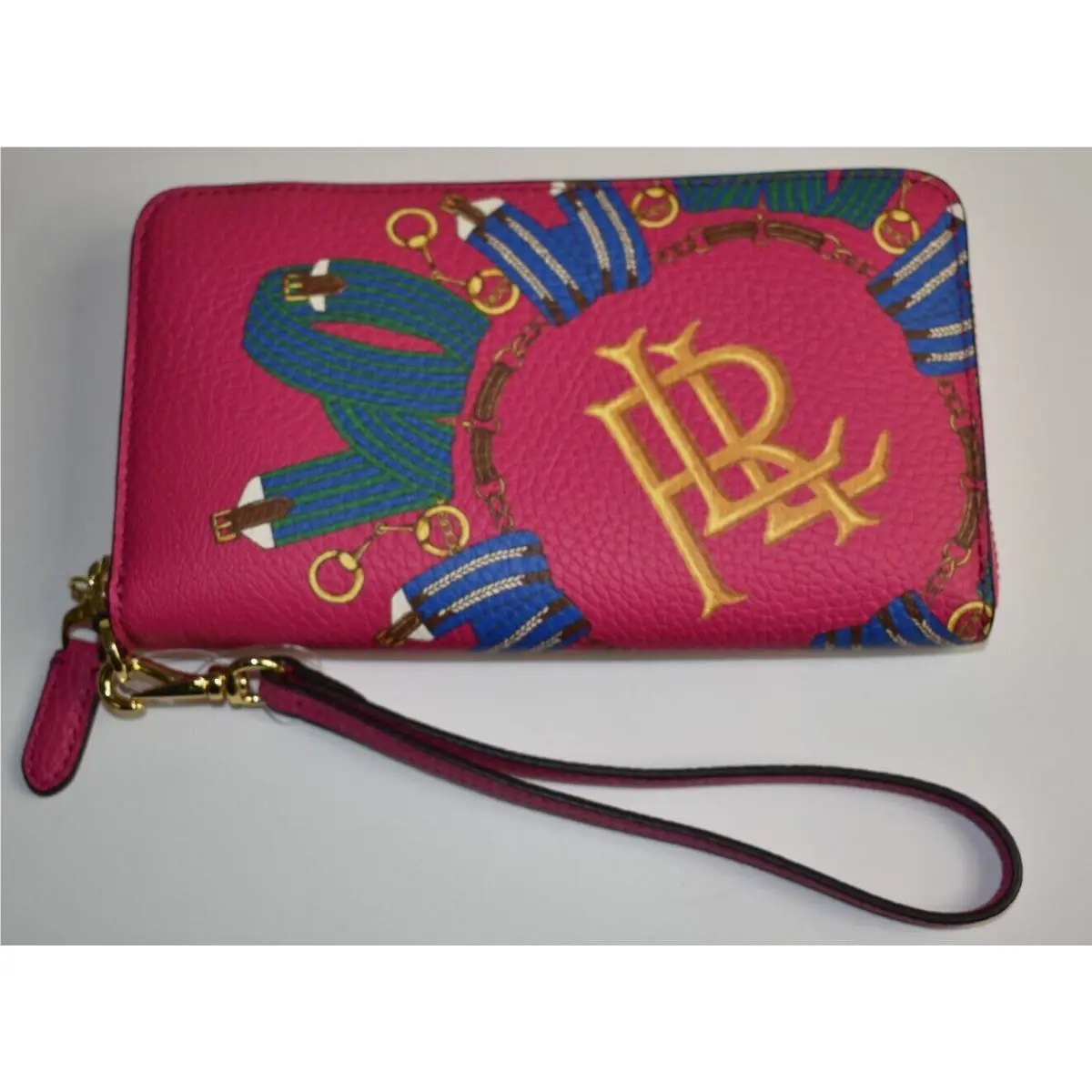 Ralph Lauren Zip Around Wallet Pink Blue Gold Leather Clutch Bag Lim Editio