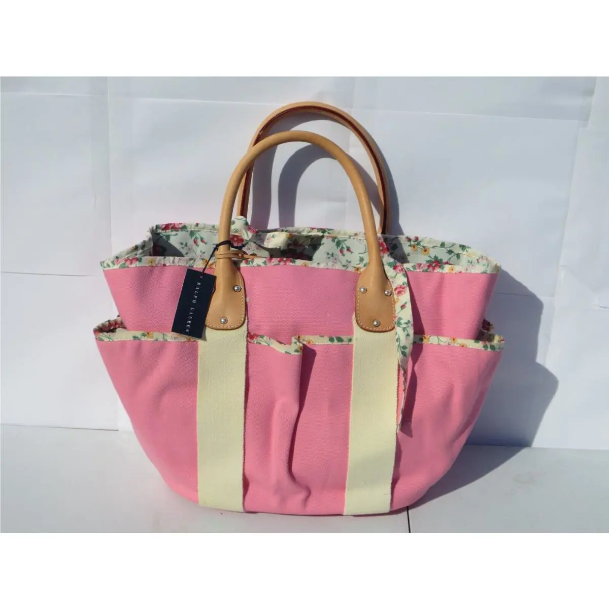 Ralph Lauren Pink Floral Canvas Tote Bag W/ Side Pockets