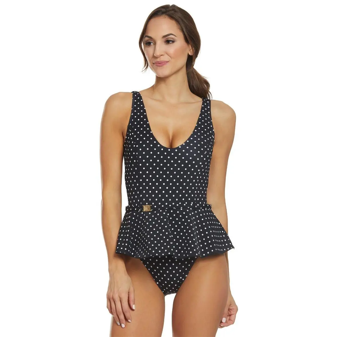 Ralph Lauren Women`s Black Pindot Peplum Over The Shoulder Swimsuit L124 Size 8