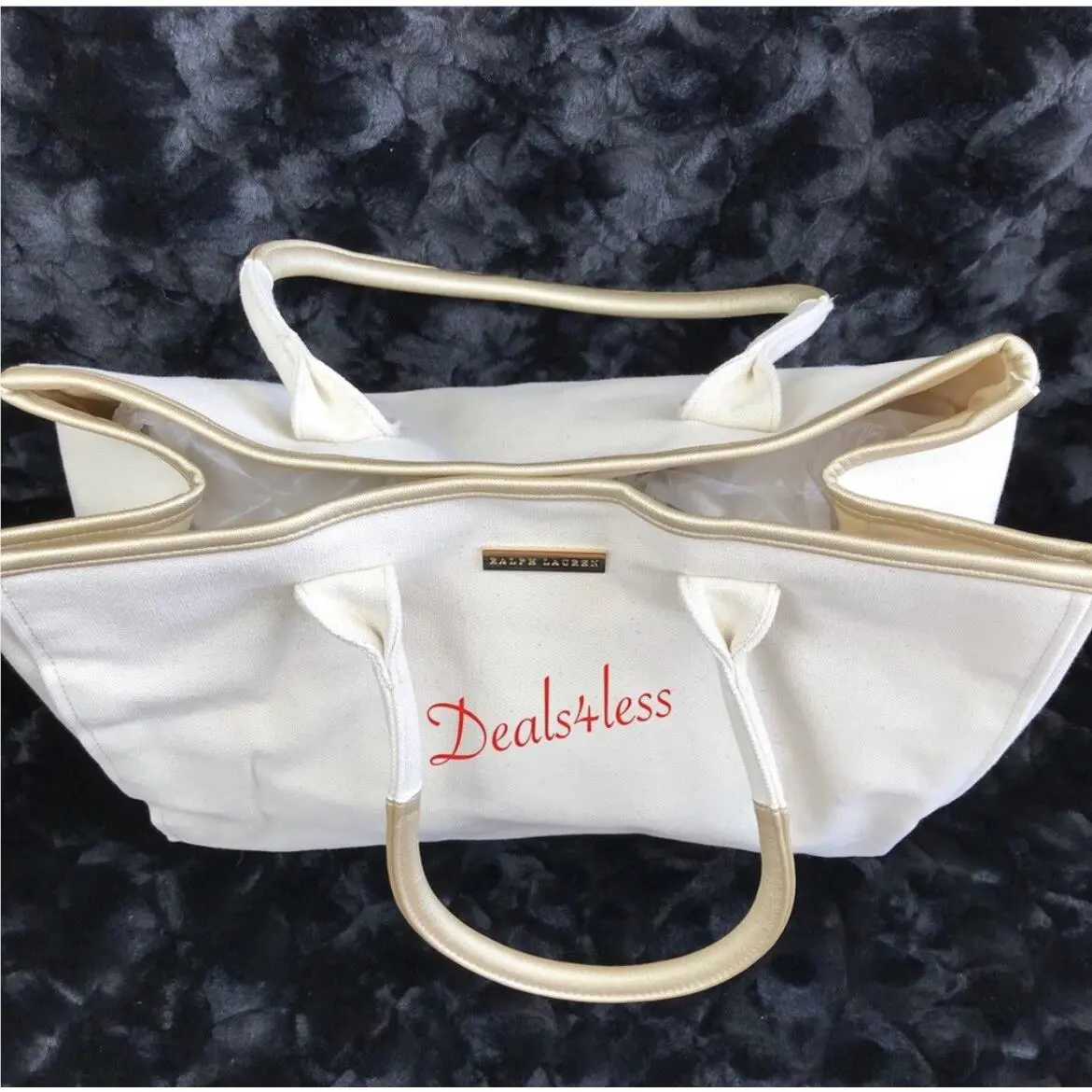 Ralph Lauren Tote Bag Canvas Purse Beach Shoulder Bag Gold Cream Holdall