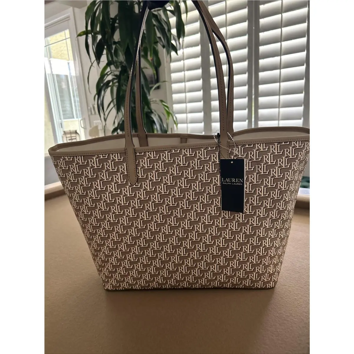 Lauren By  Large Monogram Collins Tote Bag Khaki Cream Brown by Ralph Lauren