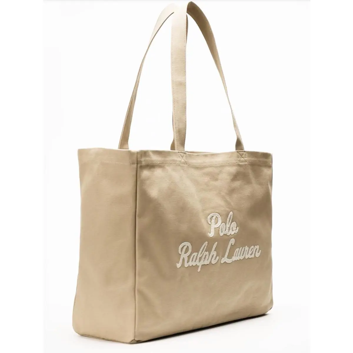 Polo Ralph Lauren Tan Beige Cotton Chain Stitch Embroidered Canvas Tote Bag