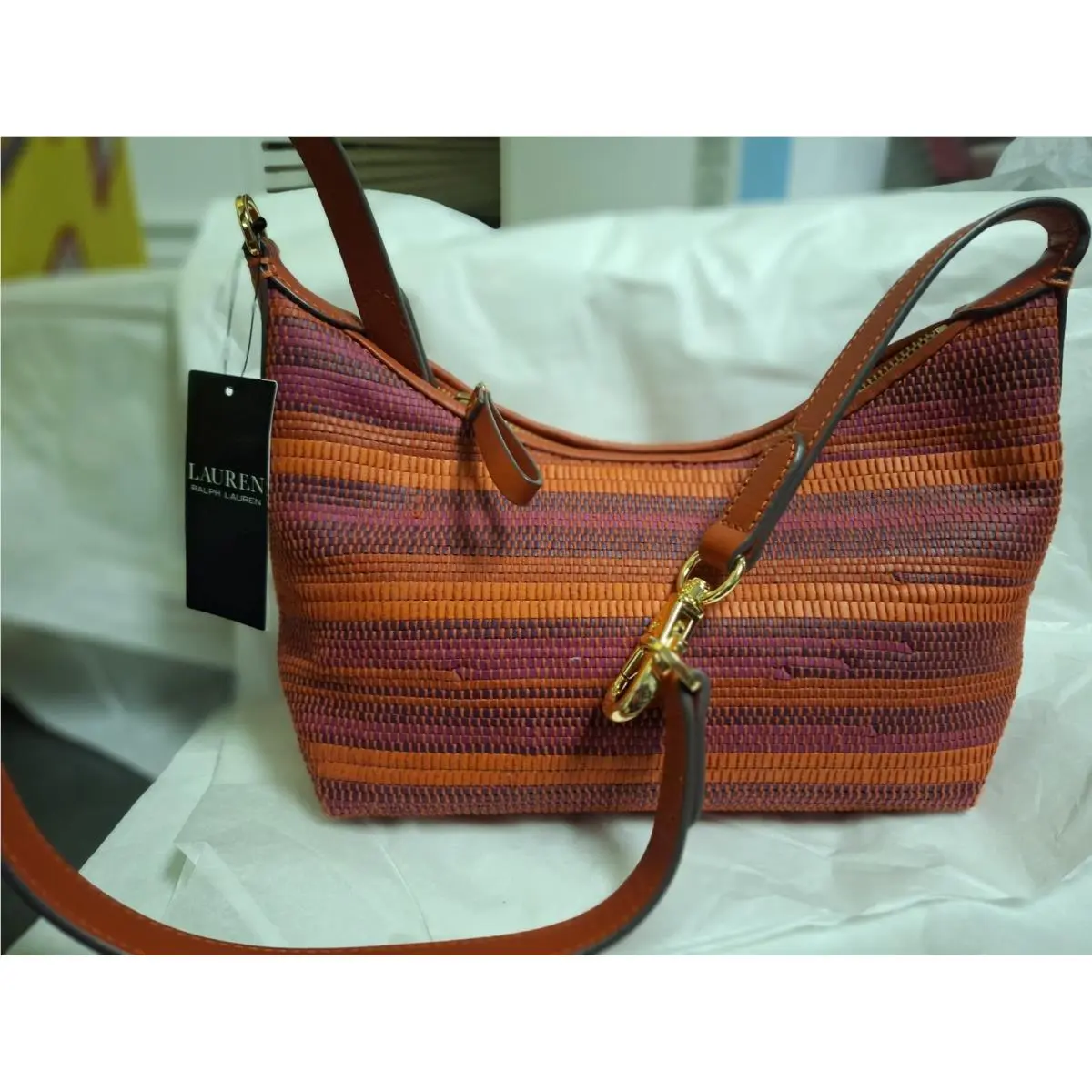 Ralph Lauren Striped Small Kassie Convertible Bag French Red Purse