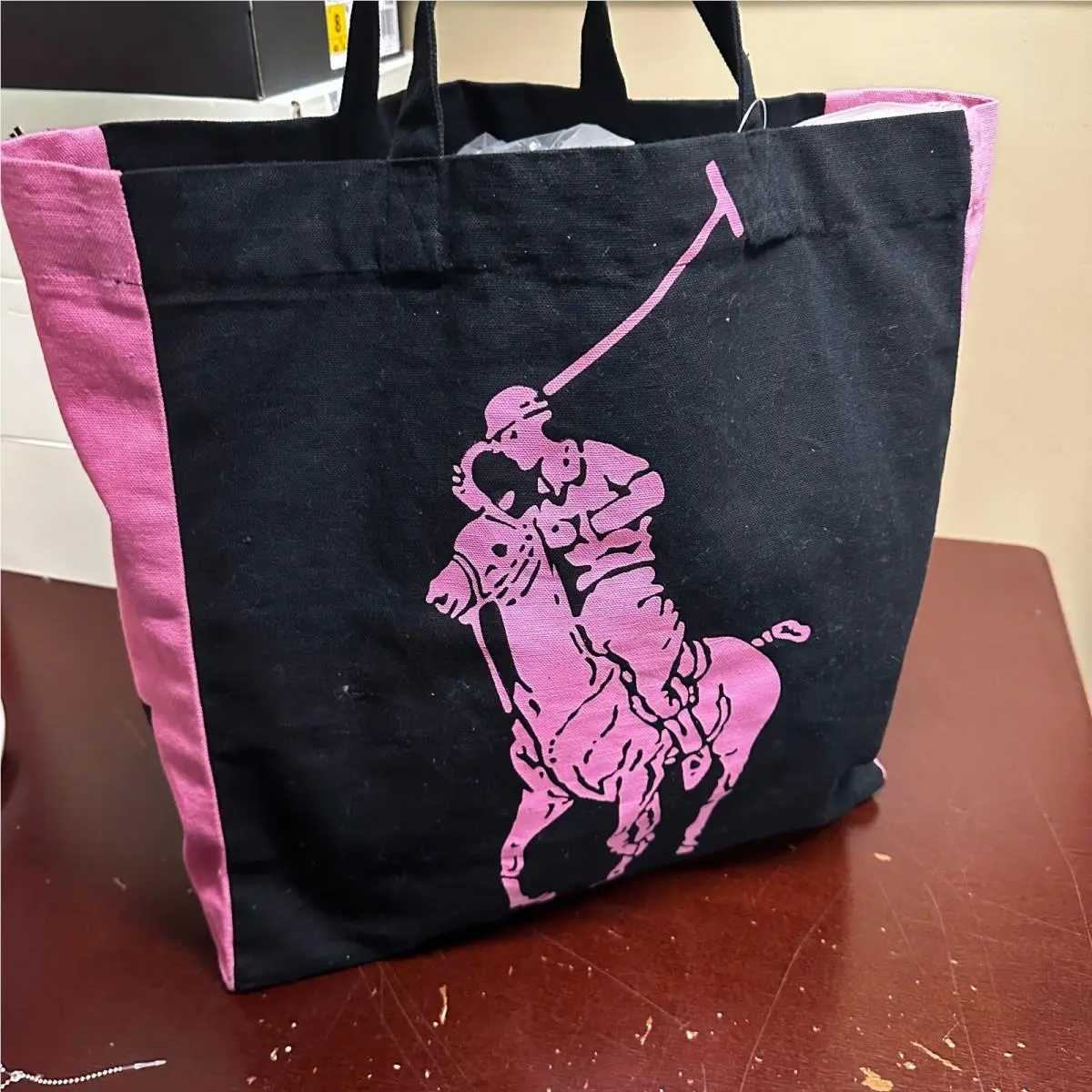 Ralph Lauren RL 2000 Womens Black Pink Pony Logo Cotton Tote Shoulder Bag