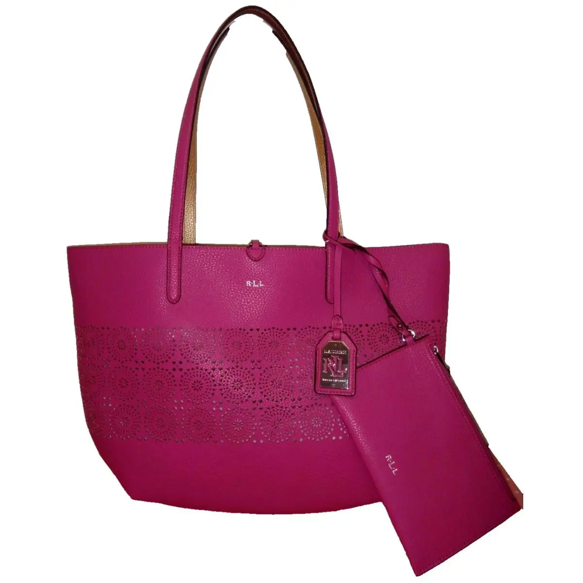 Ralph Lauren 2-PC Set Rll Littlebury Reversible Tote Bag Rose Pink Gold Wristlet