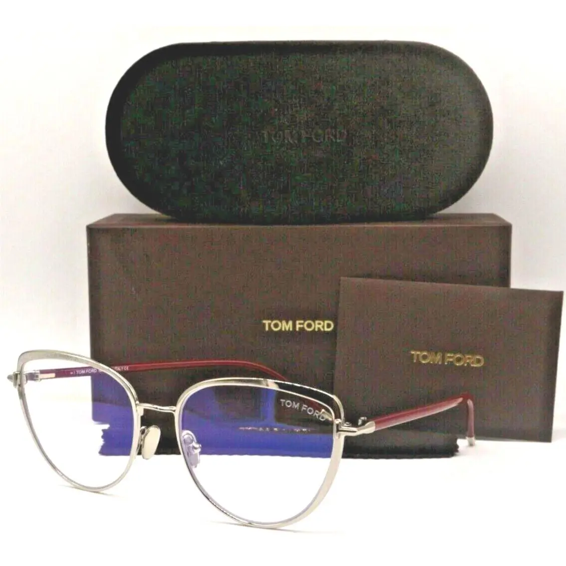 Tom Ford TF 5741-B 016 Silver/ Burgundy Temples Frame Eyeglasses 55-17