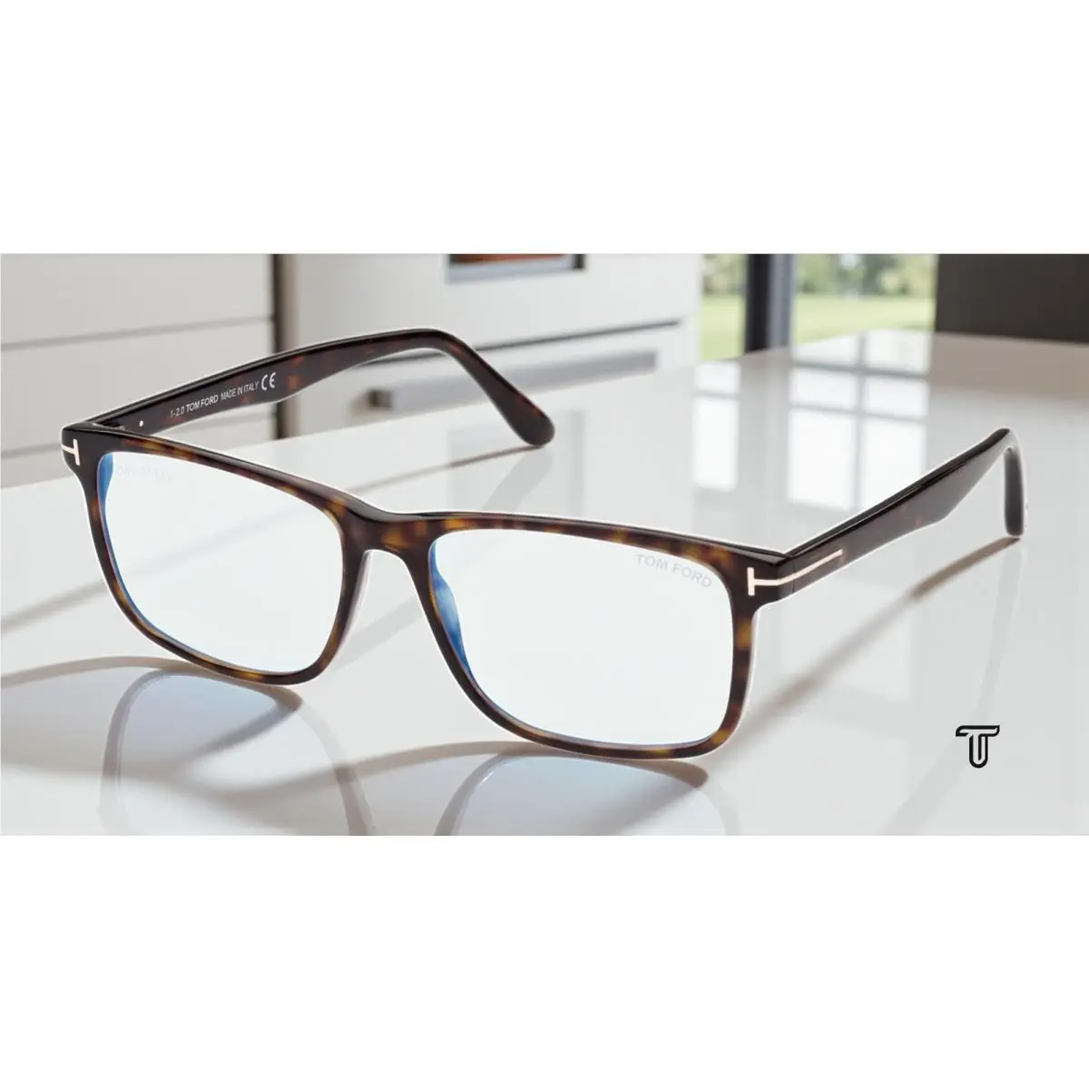 Tom Ford T-logo FT5752 B 052 Shiny Havana Blue Block Lens 53 mm Men`s Eyeglasses